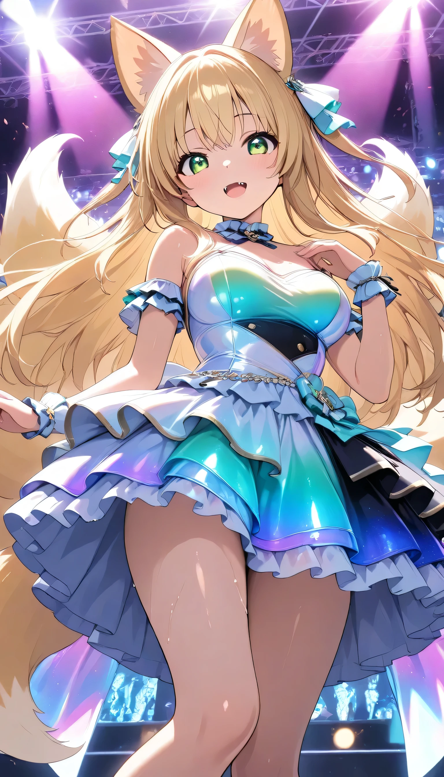 score_9, score_8_up, score_7_up, score_6_up, score_5_up, score_4_up, Embarrassed, (masterpiece:1.3, perfect details:1.3, best quality:1.3, 8k wallpaper), ((beautiful detailed eyes, clean eyes)), source_anime, 
((1girl, fox girl, blonde long hair,multiple tails,fox tail,fox ears, medium breast, green eyes, mouth with fangs)), (wet skin), looking at viewer,  idol dress, singing on the stage, ((green Idol costumes, iridescent gradient dress, Iridescent Gloss Gradient dress)), idol-themed scene featuring young performers in dazzling, The performers should have dynamic, expressive poses, sparkling accessories, set on a glamorous stage with bright spotlights and a lively crowd in the background, steage, live stage, smile, Alluring expression, Music Stage, Festival
