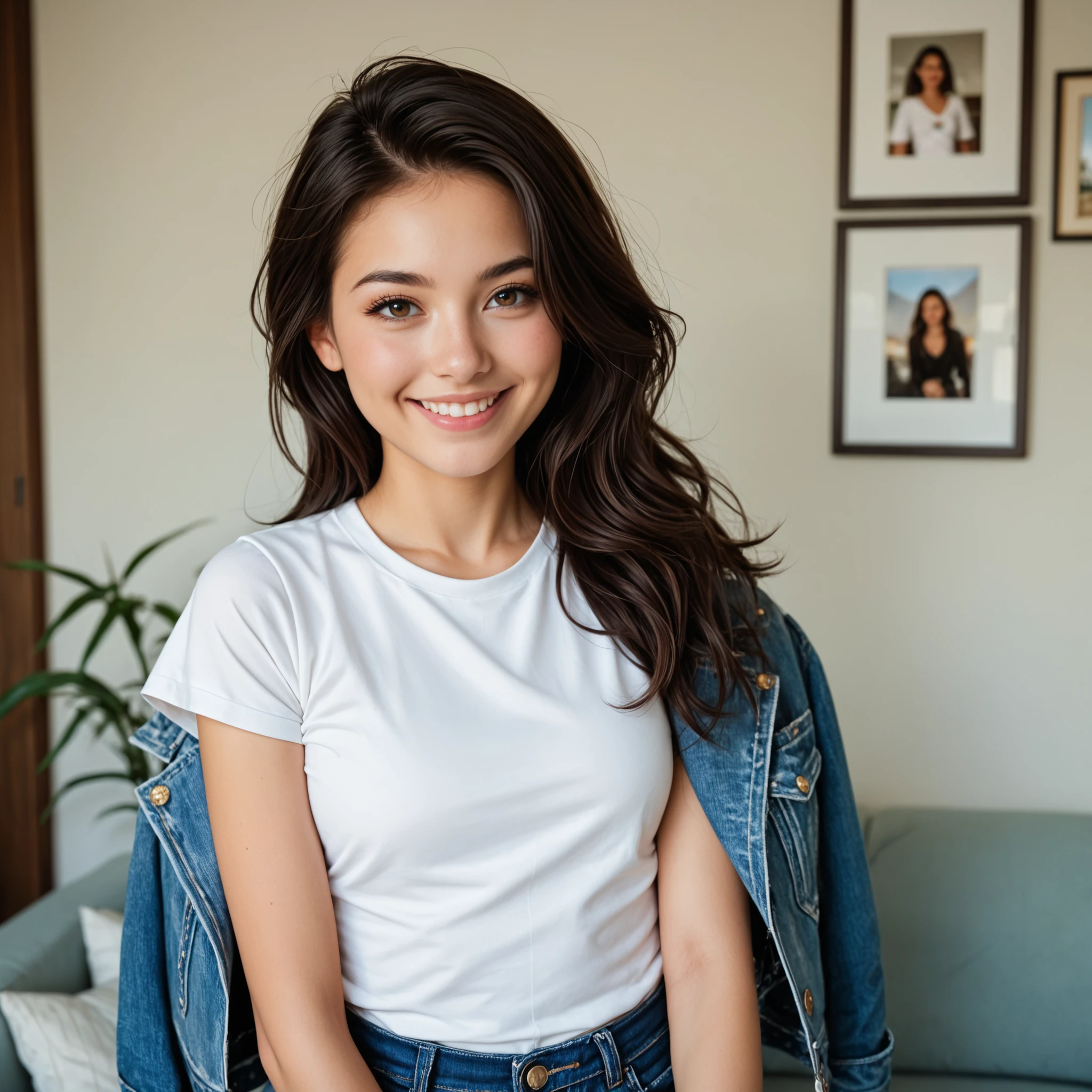 A photo of a young woman with dark hair, standing upright and facing the camera directly. She is wearing a denim jacket and a white t-shirt through which her figure is subtly visible. She is smiling warmly. The photo is framed from the waist up, with a plain, softly lit background, realistic style.