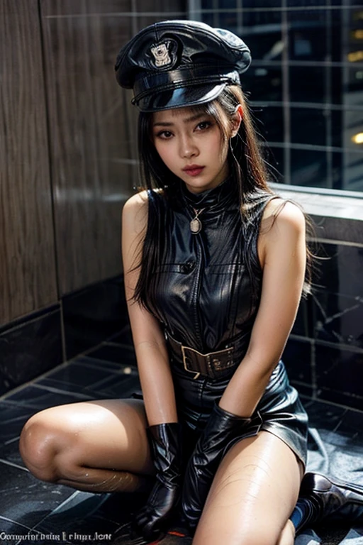 ((beatiful girl:1.3)) ((police girl:1.4)) ((sweat:1.3)) ,((wearing detailed unbuttoned police black colored shirts with necktie and black colored miniskirt:1.25)) (police hat, police suits,) ((best quality,masterpiece,ultra high res)),(photorealistic:1.4),raw photo,(Authentic skin texture:1.3),(film grain:1.3),panorama,character portrait,very wide shot,narrow waist,cowboy shot,(in the dark, deep shadow, low key, cold light,) ,dust,Tyndall effect,(expression),,beautiful detailed eyes and face,brown eyes, ((full body:)) ((close up:)) ((flat stomach)) ((cleavage)) ((panty shot:1.2)) ((large breasts)) ((shackles restrained:1.3)) ((wet)) ((tied up in chains:1.2)) ((choker)) ((sobbing:1.3)) ((sitting))