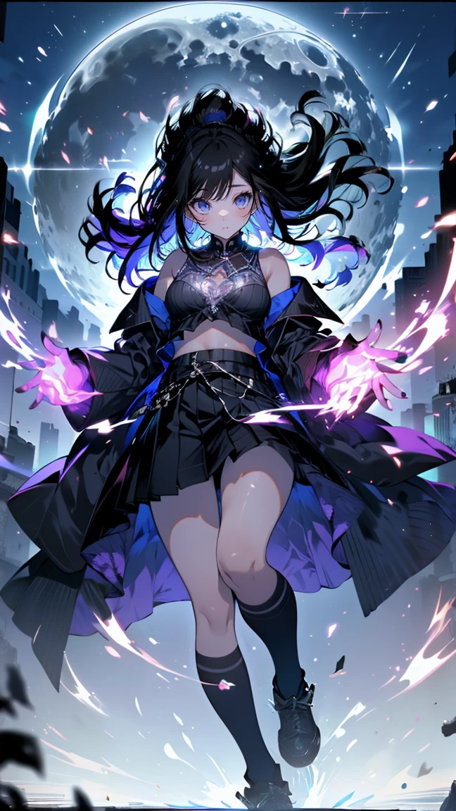 masterpiece, best quality, ultra-detailed, illustration, beautiful detailed eyes, ecstasy, happy, blush, looking at viewer, pillars of purple fire,
Feeling magical energy, both hands on own face, dark persona, evil smile, Leading a ritual, aurora, wasteland, , beautiful art, high res, perfect face, detailed outfit,Dark Mercury, Mizuno Ami, blue hair, dark blue eyes, dark blue sailor collar, white leotard, black chain around the waist, black and blue bow on the chest and on the back, white elbow gloves, blue skirt, high-knee boots