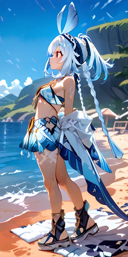 (Masterpiece:1.2), Top Quality, (Illustration:1.2),(Expertly crafted glow and lens flare), (Ultra detail), Hyper detail, (Delicate detail), (Cinematic light, Top quality backlight), Clear lines, Solo woman, Solo woman, Perfect body, (1 girl), (Bioluminescent hair:1.2), (Glowing eyes), ( Dynamic:1.2, ((Make up)), High contrast, (best lighting, very delicate and beautiful), ((Cinematic light)), Colorful, Powerful, (Cinematic masterpiece), Stick figure, splashes of color, absolutely eye-catching, ((splashes of colorful paint on the background, Durax,)), (Caustic)), Dynamic angle, Beautiful detailed smoke, (captivating), (intricately detailed movie background: 1.1), ambient occlusion, ambient light, ray-traced reflections, glow, glowing aura, sparkling hair, bluish silver ponytail, (drooping heterochromia iris: 1.3), , girl with a gentle smile, shy girl, slender, game CG, cowboy shot, deep shadow, sea, sand, ( Swimsuit: 1.1), straw hat, wind, blue sky, wet