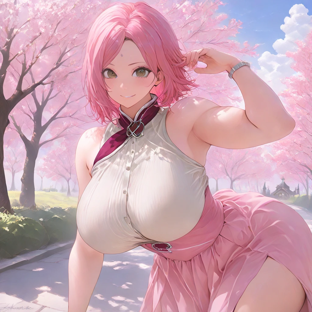 anime girls with pink short hair,(masterpiece:1.2), best quality, expressive eyes, perfect face standing, sakura, sakura haruno from naruto ,big breasts, sexy dress, sweaty, cleavage, bare shoulders, vibrant colors, soft lighting