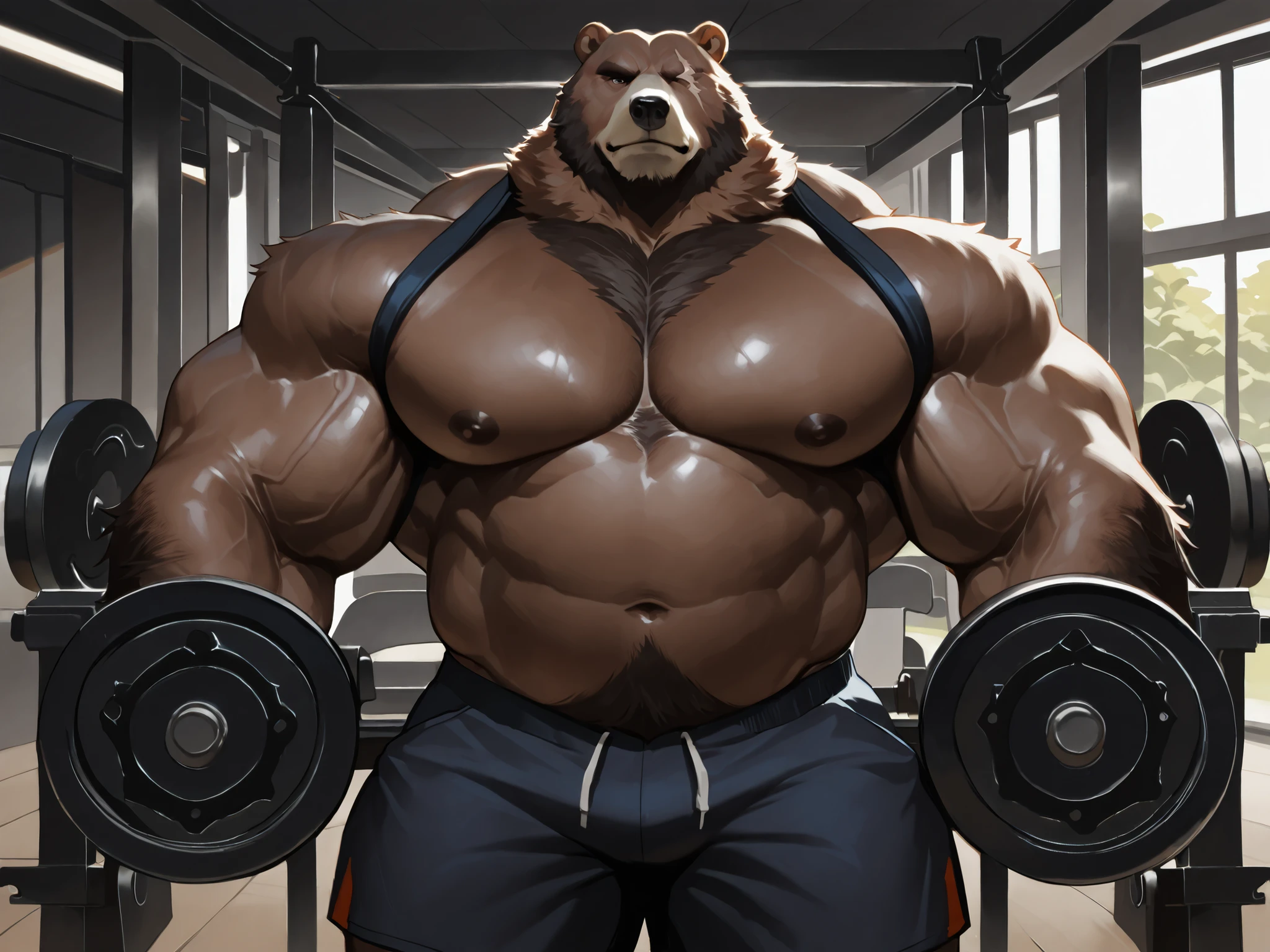solo, massive muscular, ben bigger, Bear Boy, Scar on Eye, Ben Bigger, shirtless, very huge pectoral, shorts, gym, detailed face, wide shoulder, thick arms, wide pectoral, muscle, cable crossover machine workout, pulleys, shredding, short hair:1.2, masterpiece, semirealistic:1.2, high detailed, 8k, high resolution