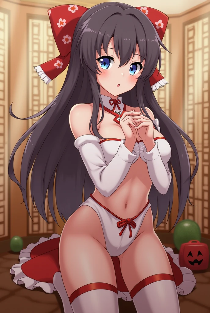 the princess of Eeon, long black hair, tied hair in a ponytail, a large red hair bow tied around the pony tail, green eyes, chainmail bikini, show tummy and legs, in a castle, in front of a fire place, on a red rug, surrounded by swords