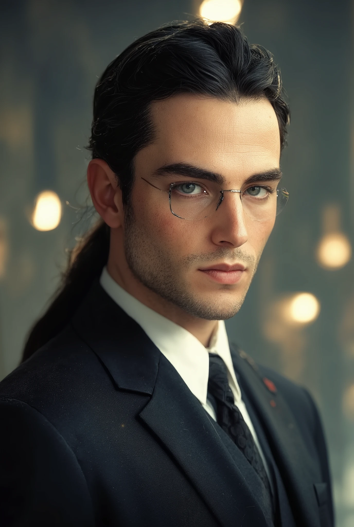 A tall, fit, 32-year-old man with narrow glasses with thin dark frames, long black hair pulled back in a low ponytail and gray eyes, dressed in a black business suit with a tie and a white shirt, aristocratic features and high intelligence.
