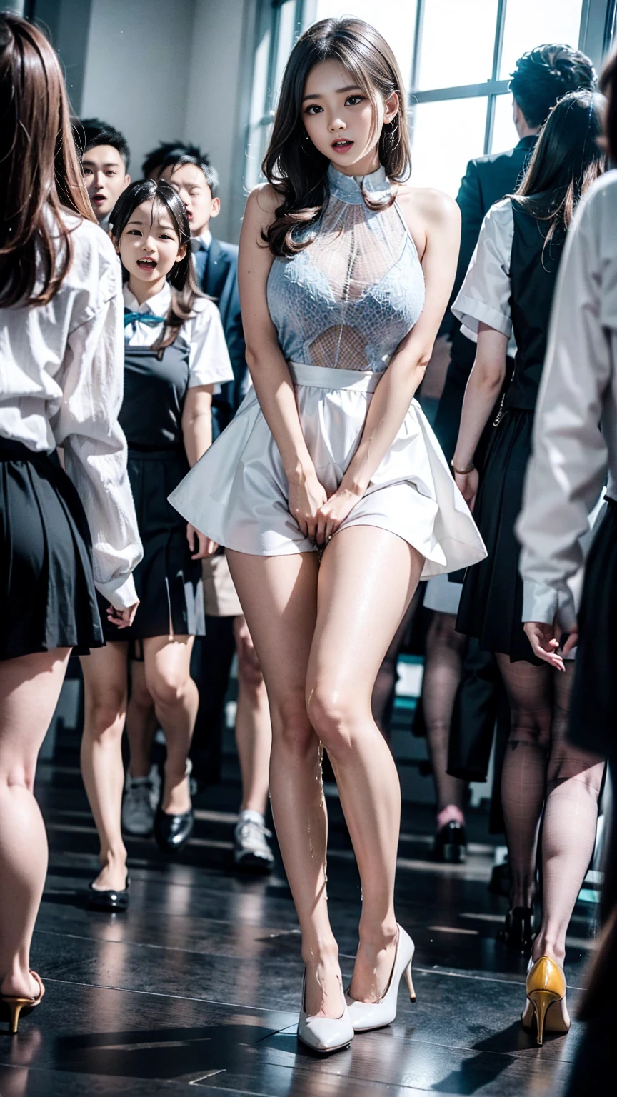 skirt wind, ((bulge skirt)), ((panties)), ((strong wind)), ((curved body)), {{((１８1 year old high school girl：embarrassing, surprised face))}}, , (high waist pleated skirt), (beautiful fashion), (table top:1.4), {realistic, highest quality}, beautiful lighting, Complex, high detail, sharp focus, dramatic, (RAW photo, 8k UHD), (sidewalk, street, city), ((cowboy shot))