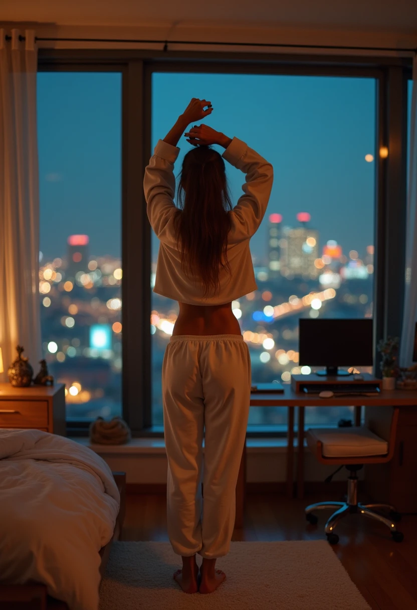 a woman dressed in lingerie standing in front of a clock, backlit, rear view, backlit, photo from behind, photo from behind, back shot, shapely butt, backlight body, brown hair and a perfect body, sensual woman, her back is towards us, shot from behind, morning afternoon, sexy :8
