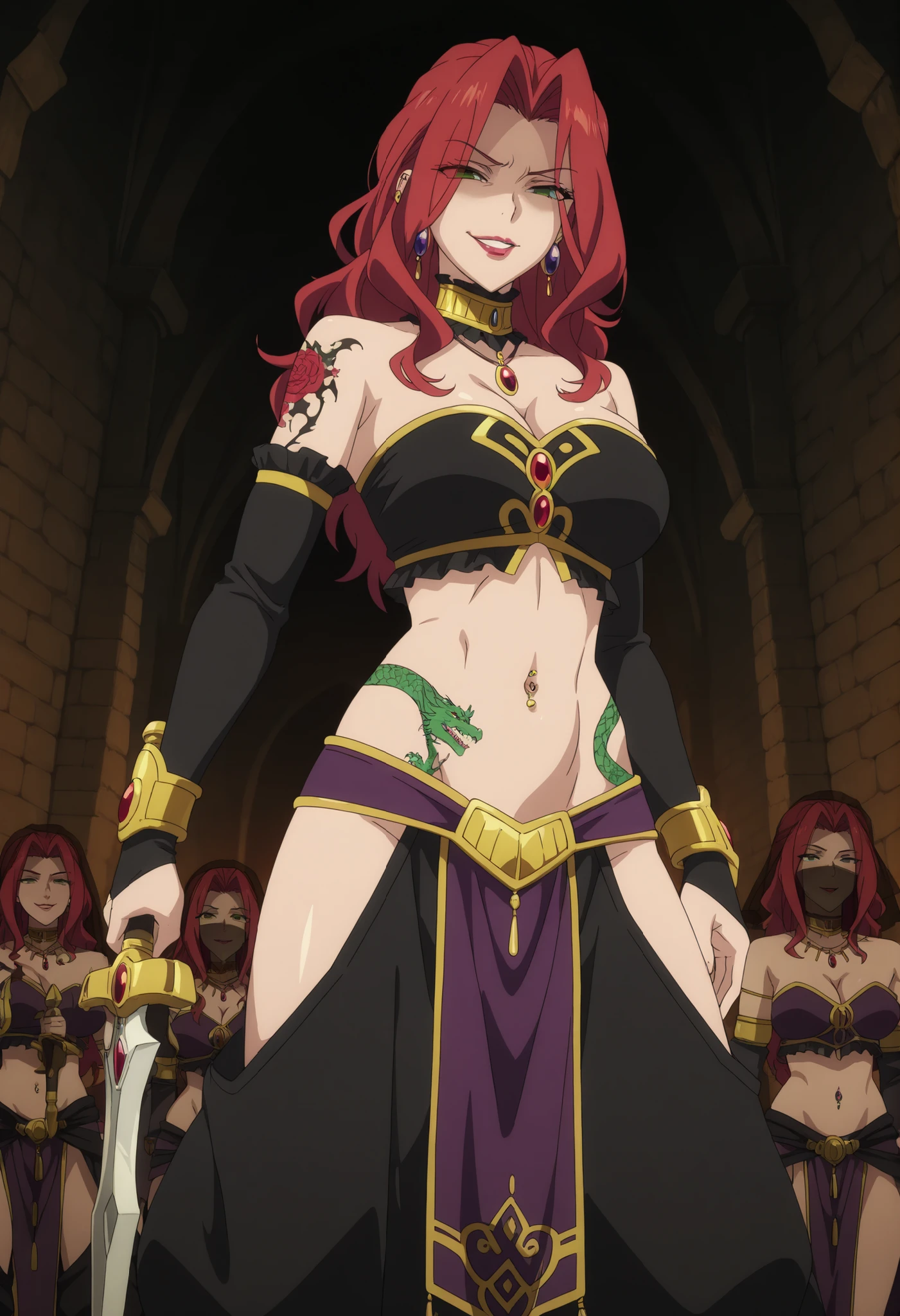 beautiful body,athletic body, beautiful breasts, ,visible private parts , ultra detailed image, anime image ,girl, anime malty, excitement, red hair, green eyes , ear piercing, long hair, , lipstick,Hot girl, baddie, sensual, attractive , ,jewelry, earrings, large breasts, long hair, neck ring, harem pants, elbow gloves, midriff, earrings, hip vent, baggy pants,,
castle,inside castle, masterpiece, best quality, highly detailed ,gold_choker, complex detailed
background, inside, holding a sword, sword,harem_outfit,navel, necklace,
pelvic_curtain,revealing_clothes, veil, masterpiece,best quality,mature,evil
smile ,necklace,pendant, (nsfw) not safe for work, exposed belly, exposed navel, midriff, exposed
lower belly, ,cleavage, navel piercing, dragon tattoo, narrowed eyes, tattoo waist