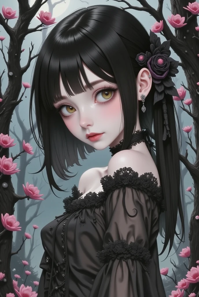 Goth girl in a graveyard with flowers, foggy, puffy, puffy cheeks, cute,
vibrant colors, colorful art style,
soft lighting, soft shadows, detailed textures, dynamic lighting,
nice hands, perfect hands,
