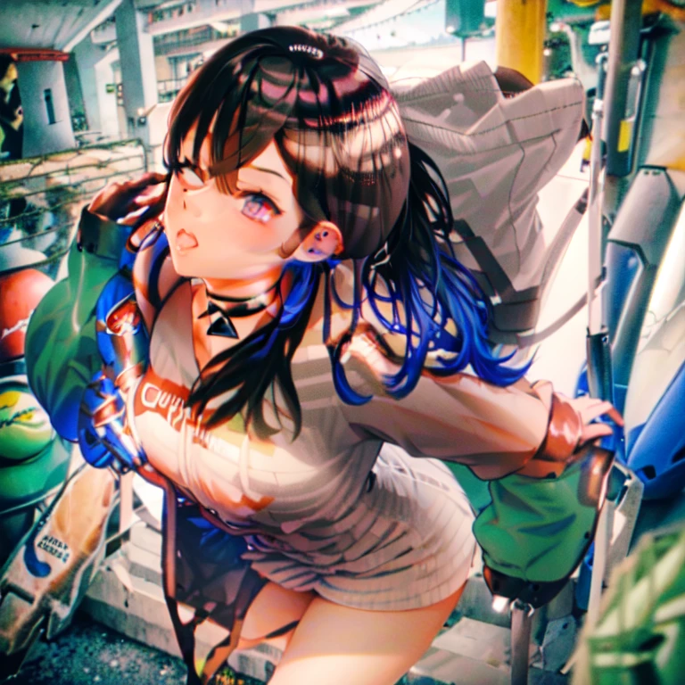 (NSFW, Tomboy Girl Having Sex With A Man:1.4, vaginal penetration:1.4),(1girl, 1man) medium tits,colorful,yellow eyes,cyberpunk,city,peace sign,earrings,purple hair,eye patche,freckles,prothesis,mechanic,neon,beautiful lighting,purple reflection,cap,smoking,character focus,cg illustration,bust shot,yellow and black outfit,brown hair, tomboy, makeup , long boots , heels, gatner belt, short top, sockings, model pose, open mouth , ahegao , tongue drop, bending , lying on knees on floor, dansing club toilet