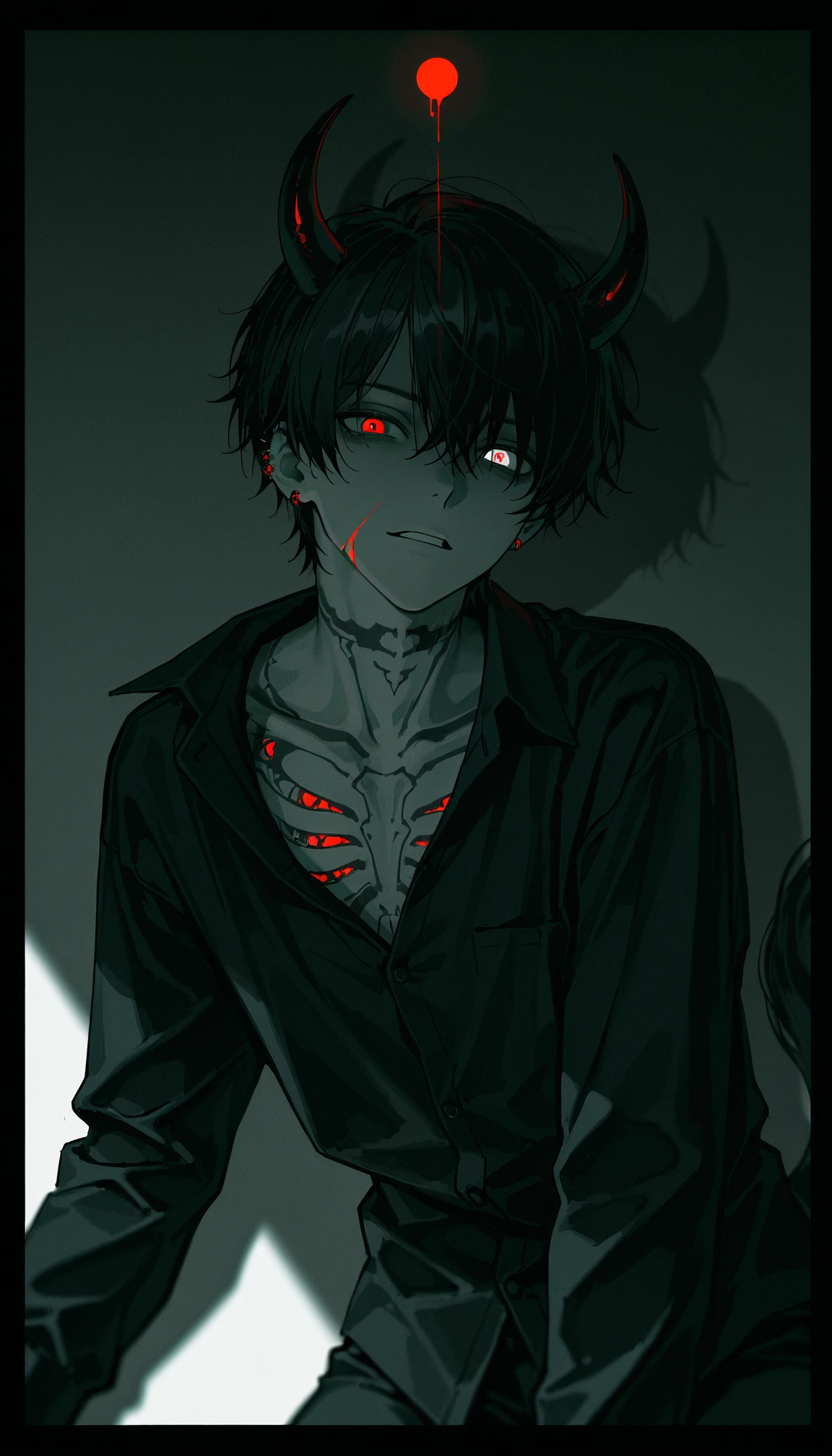Young Strong Man, with medium hair that covers her eyes, his eyes are black and bright red, he is wearing a black shirt ripped vertically, and white pants and black gloves that only cover half of his fingers, he has a bright yellow hole in his chest with some blood marks