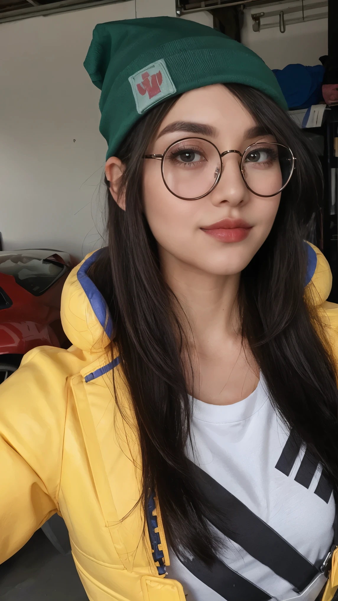 (masterpiece), best quality, expressive eyes, 8K, HD, perfect face, Turkish germanic girl, smoked eyes, brunette hair, brown eyes,(high quality eyes), streak hair, indoors, yellow latex jacket, looking at viewer, wc, collarbone, cold temperatures, valorant, exhibitionism, killjoy shirt, smiling, ((((craft))), garage, slim body, pov, circle glasses, short sleeves shirt, 1girl, ((puckered lips pose)), brunette, beanie