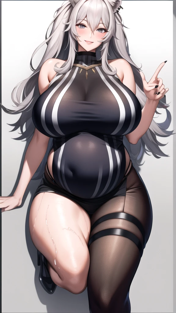 art by kipteitei, 1girl, posing, black  bunny suit, white hair, camera angle above the girl, round circular fat jiggly belly, big thighs, bigger boobs, chubby (best quality, masterpiece)