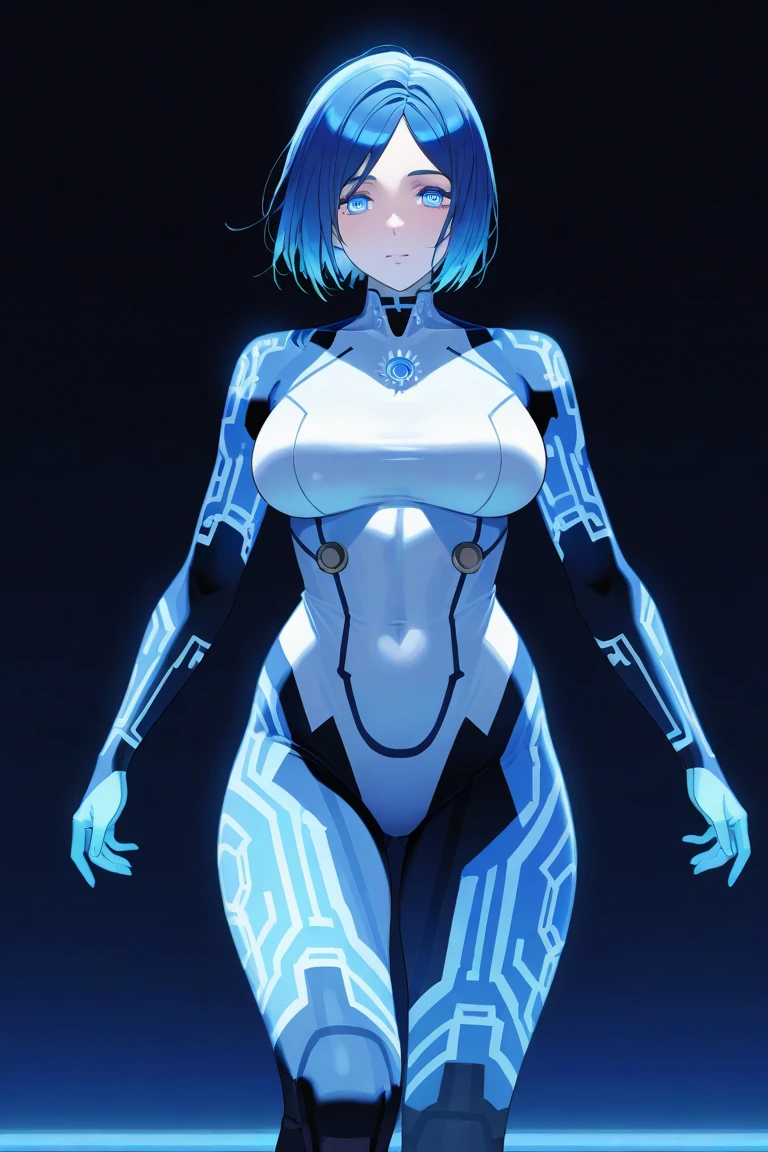 1girl, blue hair, light skin, white skin, light-skinned female, very short hair, smile, breasts, leotard, white leotard, pantyhose, black pantyhose, neon, futuristic, science-fiction, full_body, ((full body)), mature female, hourglass figure, large breasts, machinery, tech, neon trim