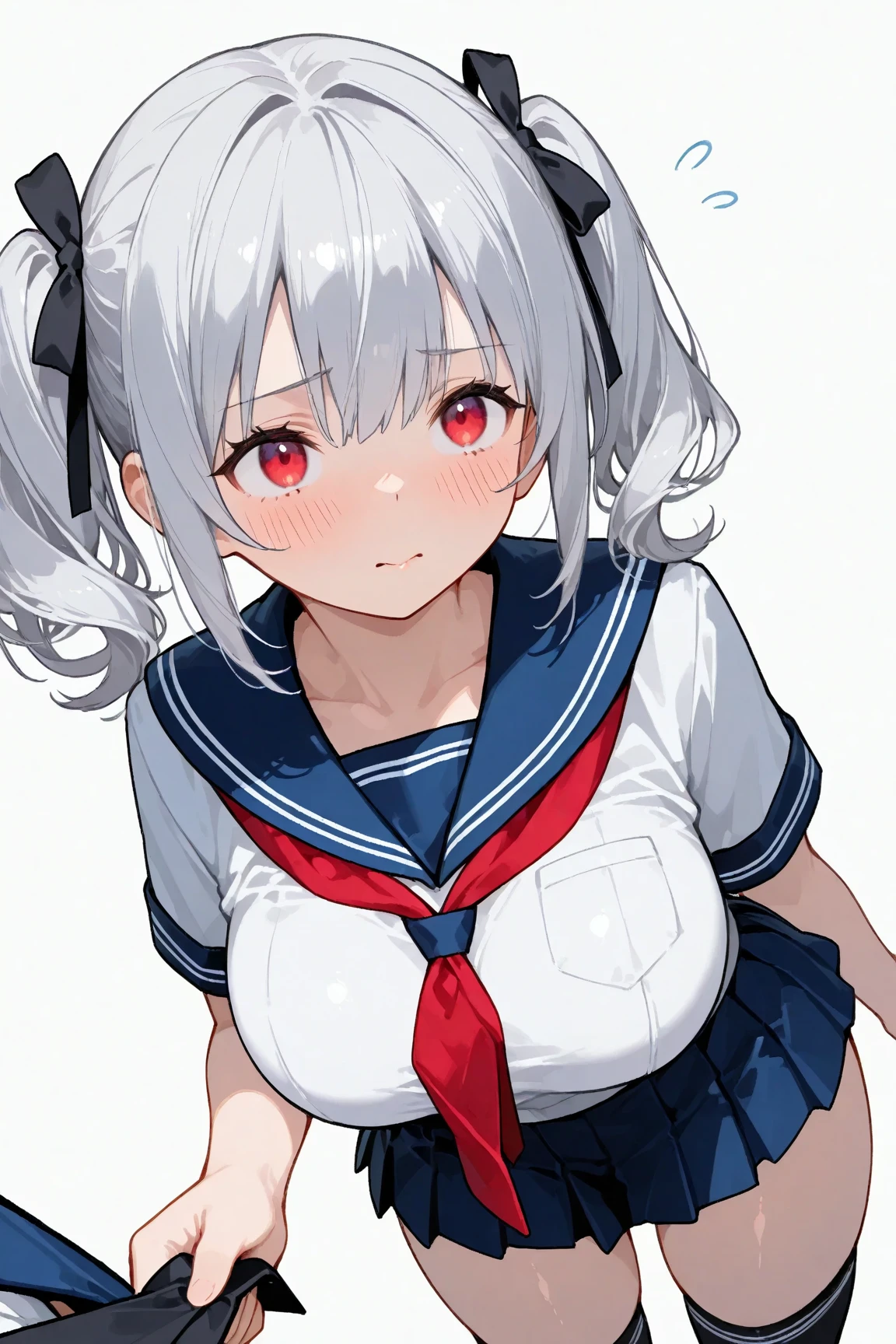 best quality, masterpiece, highres, solo, {yudachi_azurlane:1.15}, long_hair, animal_ears, red_eyes, breasts, thick_eyebrows, grey_hair, blush, bangs, open_mouth, braid, wolf_ears, smile, medium_breasts, navel, fang, underboob, large_breasts, 1girl, fingerless_gloves, gloves, looking_at_viewer, puffy_short_sleeves, puffy_sleeves, school_uniform, serafuku, short_sleeves, crop_top, pleated_skirt, shirt, simple_background, skirt, black_skirt, white_background, belt, midriff, white_shirt