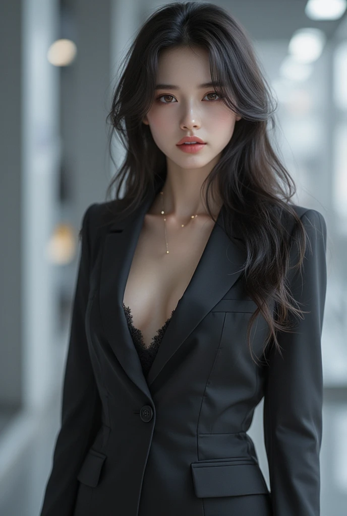 1girl in、Beautiful vintage colors、instagram(Photorealsitic、hight resolution:1.4)、((Puffy eyes))、Staring at the viewer、、full bodyesbian(8k、RAW Photography、top-quality、masterpiece:1.2)、(realisitic、Photorealsitic) :1.37)、(foco nítido:1.2)、Professional Writing、photon maping、Radio City、Physically Based Rendering、(de pele branca:1.2)、(small tits:1.2)、Viewer's Perspective、(Middle hair:1.5)、portlate、Purple eye、(silber hair:1.1)、bangss、(symple background:1.4)、独奏、The upper part of the body、realisitic、(masterpiece:1.4)、(top-quality:1.4)、(glowy skin)、fashionGirl、makeups、a smile(Skinny、Mouth closure、full of shyness:1.3)、(Standing、Black Stewardess Uniform、A Necromancer:1.1)、Medium bust、sexypose、Little bump、smil