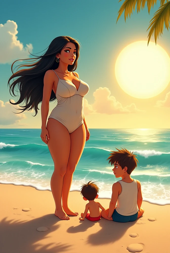 Curvy Christina Hendricks (1 women) short blonde hair big boob big hips black bikini walking with Jimmy Williams shota (1 boy) black hair on beach