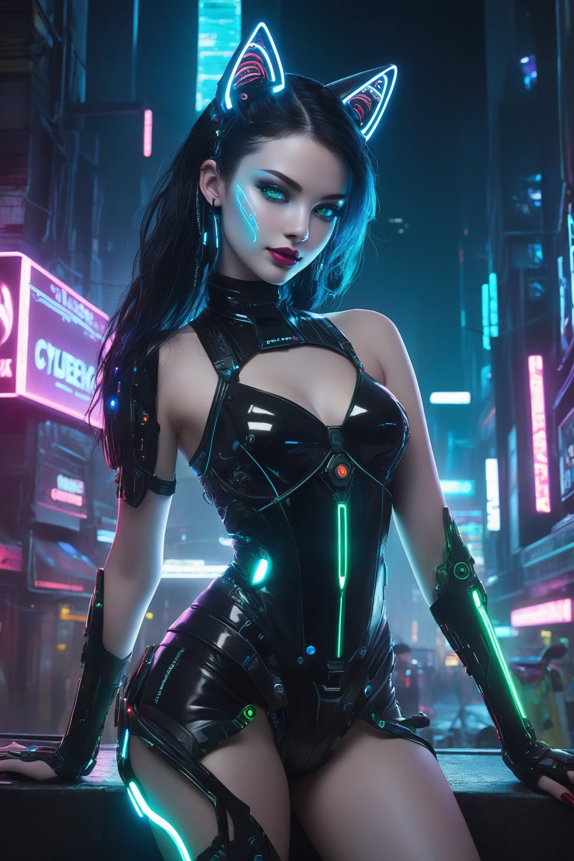 ((best qualityer)), ((Masterpiece artwork)), (detailded), (cyberpunk illustration: 1.3), black cyberpunk outfit, long black hair, natta, neon, lovely gaze, captivating pose, big boobies, charme , natta de luar, subdued colors, (detailed cyberpunk city landscape:1.3), (high resolution:1.2)