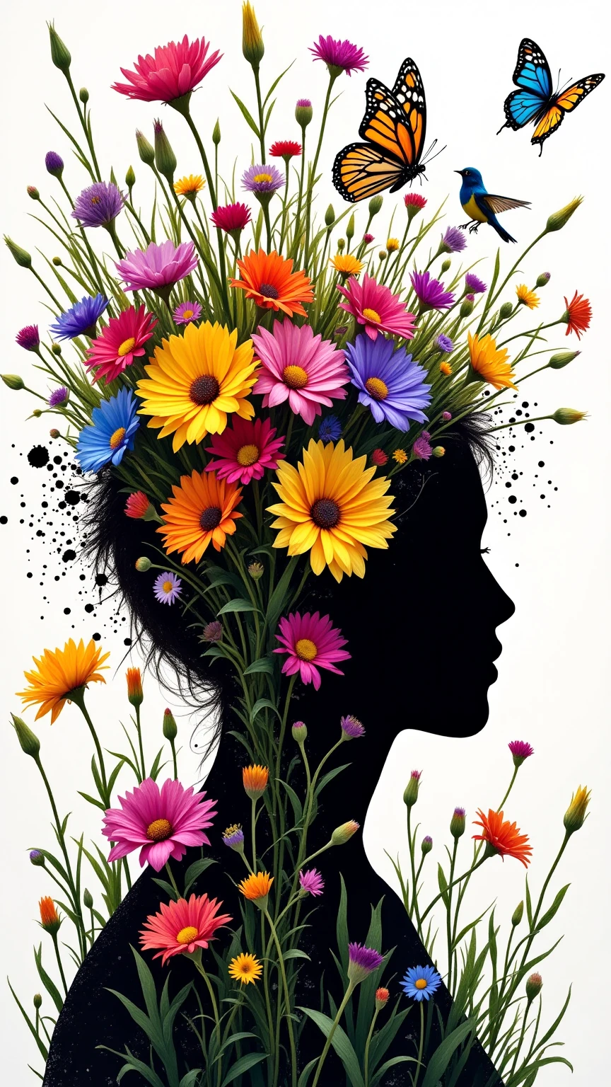 , a vibrant collage of colorful wildflowers, grass, and a silhouette of a butterfly popping out from the top of the head., , and features a vibrant and imaginative scene. This work is a creative abstraction with natural elements and a small bird sitting in the midst of a butterfly fluttering freely and a flower exploding, is in harmony... with a dynamic black splatter, The background enhances the vivid and organic theme.