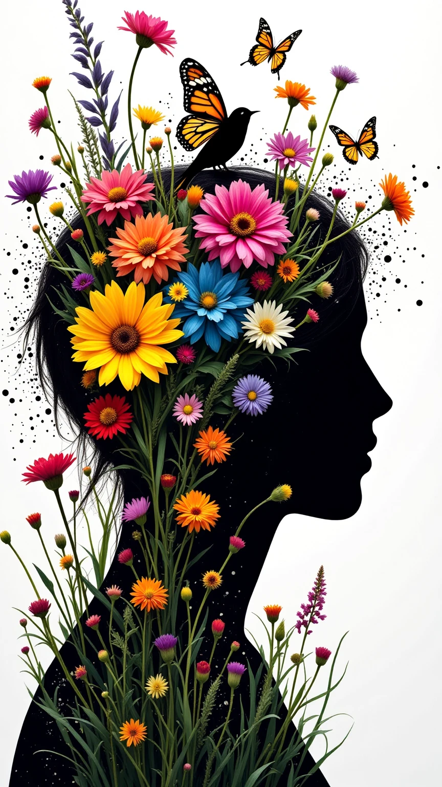 , a vibrant collage of colorful wildflowers, grass, and a silhouette of a butterfly popping out from the top of the head., , and features a vibrant and imaginative scene. This work is a creative abstraction with natural elements and a small bird sitting in the midst of a butterfly fluttering freely and a flower exploding, is in harmony... with a dynamic black splatter, The background enhances the vivid and organic theme.