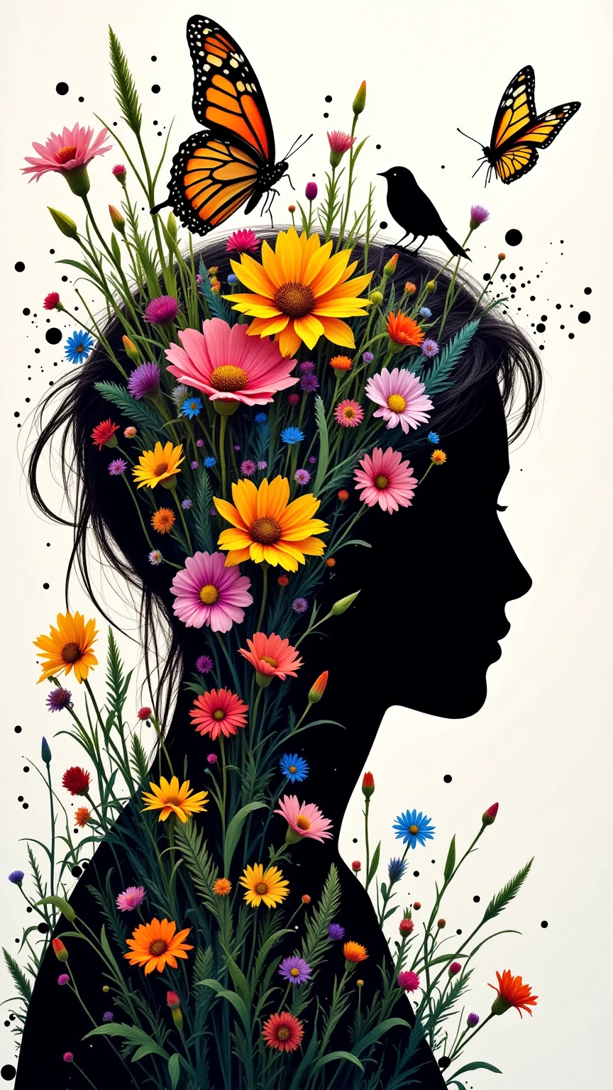 , a vibrant collage of colorful wildflowers, grass, and a silhouette of a butterfly popping out from the top of the head., , and features a vibrant and imaginative scene. This work is a creative abstraction with natural elements and a small bird sitting in the midst of a butterfly fluttering freely and a flower exploding, is in harmony... with a dynamic black splatter, The background enhances the vivid and organic theme.