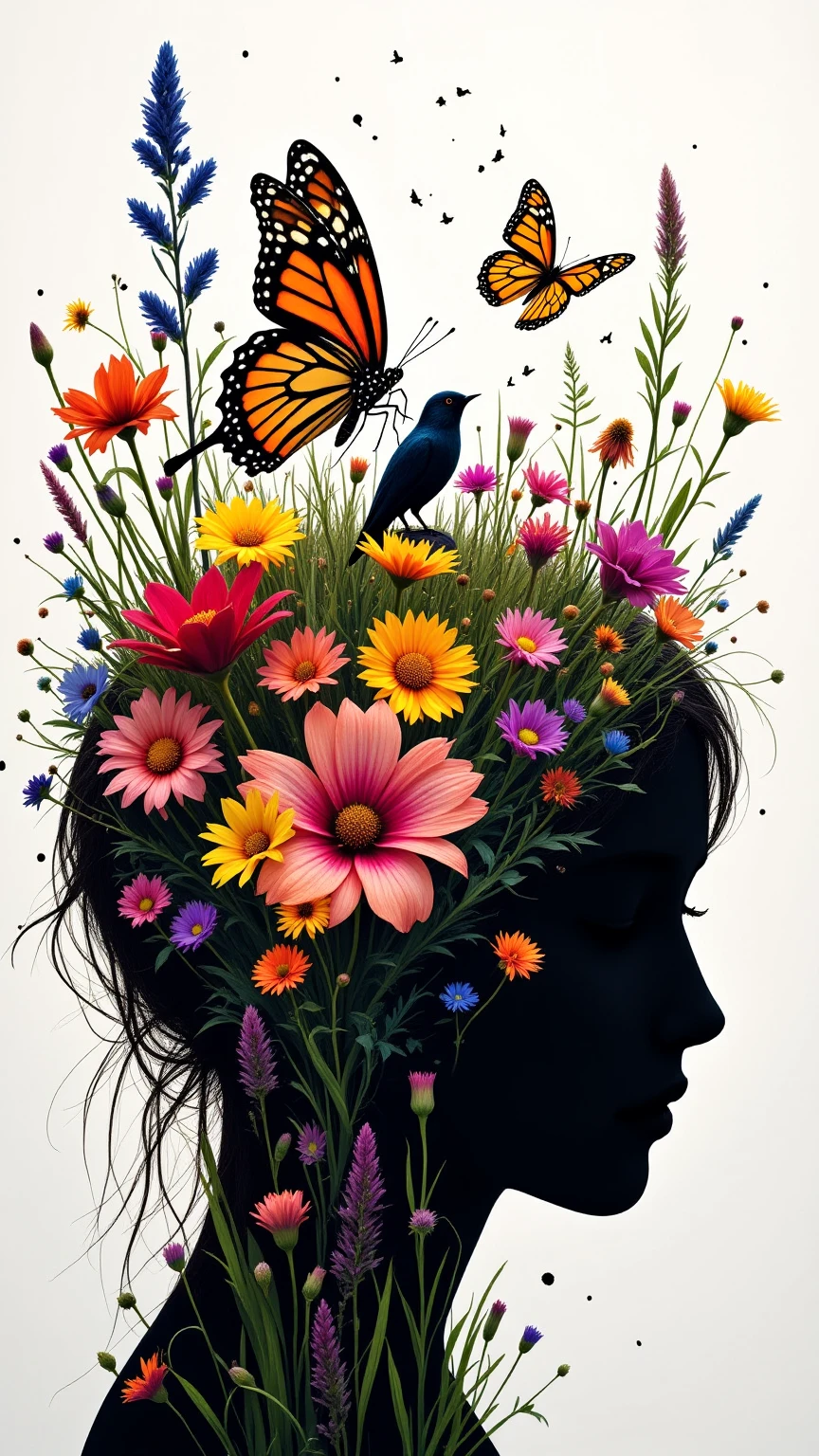 , a vibrant collage of colorful wildflowers, grass, and a silhouette of a butterfly popping out from the top of the head., , and features a vibrant and imaginative scene. This work is a creative abstraction with natural elements and a small bird sitting in the midst of a butterfly fluttering freely and a flower exploding, is in harmony... with a dynamic black splatter, The background enhances the vivid and organic theme.