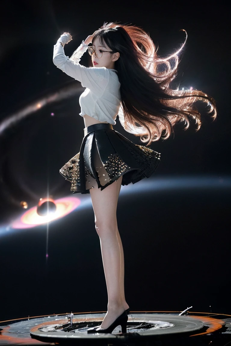 Woman in short skirt fluttering in the wind, Chest, Mysterious smile, Walking through the fields at night, a lot of stars in the sky, showing thighs, 3D magic details, James Jean Softlight, 4K, Yuri Shvedov and Tom Bagshaw, beautiful digital works of art, Sylvain Saler and Igor Mossky, Full body photo、Tight and viscous crop top