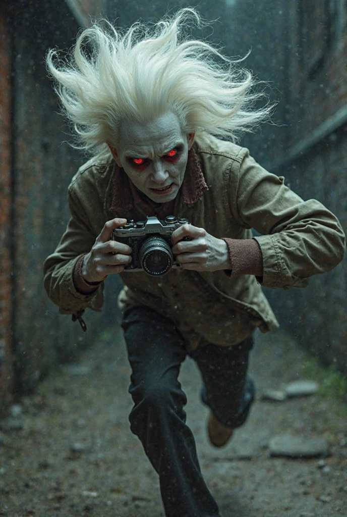 Man with white hair and red eyes, happy, with a smile, with a straitjacket, inside a room in a psychiatric hospital.