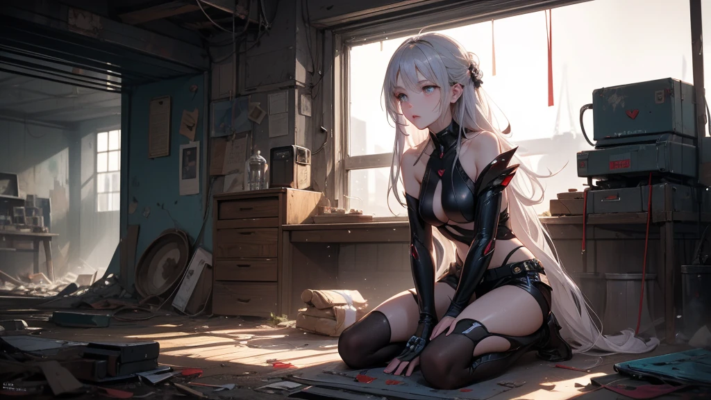 , masterpiece, Highest Quality, Highest Resolution, perfect background, perfect perspective, sharp image, perfect details, perfect lighting, perfect shadows, Perfect lighting, Best background, AG Shura, 1girl, solo, long hair, breasts, red eyes, white hair, mask, red horns, white dress, mechanical arms, sitting on bed, behind view, butt, thighs, from behind,