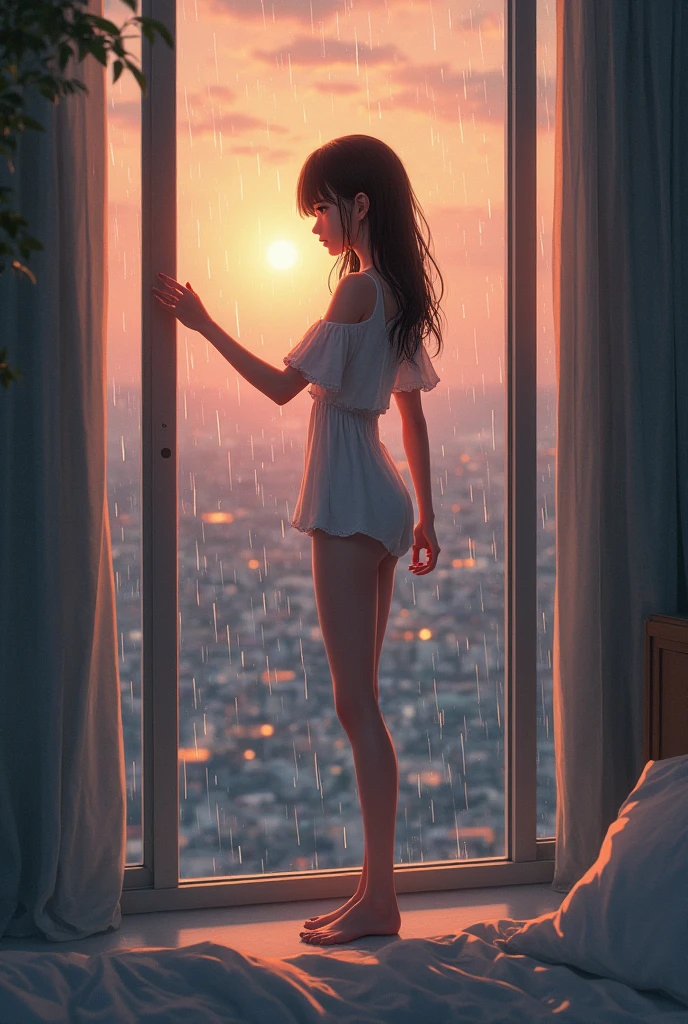 a woman standing in front of a window, looking out window, hand holding umbrella, wearing a white bikini, seaside background, wearing headphones, a digital painting inspired by Alena Aenami, pixiv, realism, rainy night. digital illustration, blurred and dreamy illustration, blues, blurry and dreamy illustration, artistic. lo-fi illustration style, sunset, raining