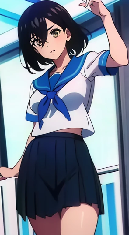 ((((Arte Kipteitei)))), ((high resolution)),obra maestra, alta calidad, Mejor calidad, hermoso, perfect lighting, cara detallada, ultra lindo face, ((1 chica)), ((Solo), ((((Sarashina Ruka)))), ((Cinta para el pelo azul)), camisa de vestir, chaleco negro, pantalones negros, Uniforme de trabajo, (ropa ajustada), calcetines negros, mocasines, mirando al espectador, tiro de vaquero, pose sexy, Dulce sonrisa, lindo, feliz, rubor, pechos grandes, escote, pechos turgentes, (Caderas anchas), ((muslos gruesos)), Regordete, colgar del vientre, (hembra gordita), Trabajar en el cine,
