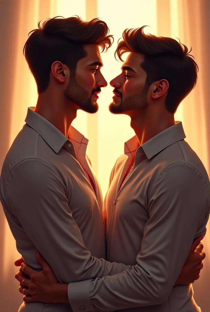 Two men holding hands looking at each other face to face