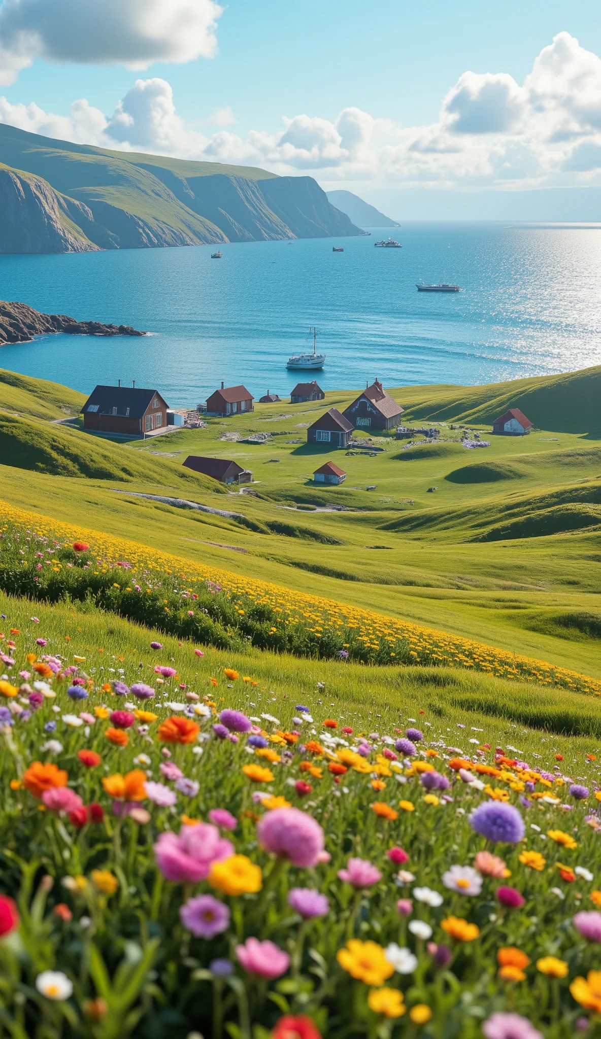 masterpiece、最high quality、high quality、Detailed CG Unity 8k Wallpaper、 Scenery、Looking at the Prairie、窓の外の Scenery、色とりどりのflower、The Ocean on the Other Side of the Prairie、nature、Scandinavian houses facing the sea、There are fishing boats、Blue Sky That Seems to Pass Through、depth of field、high resolution、flower、 Color Difference、Photorealism、very detailed、ArtStation、CG social trends、complicated、High detail、Dramatic、