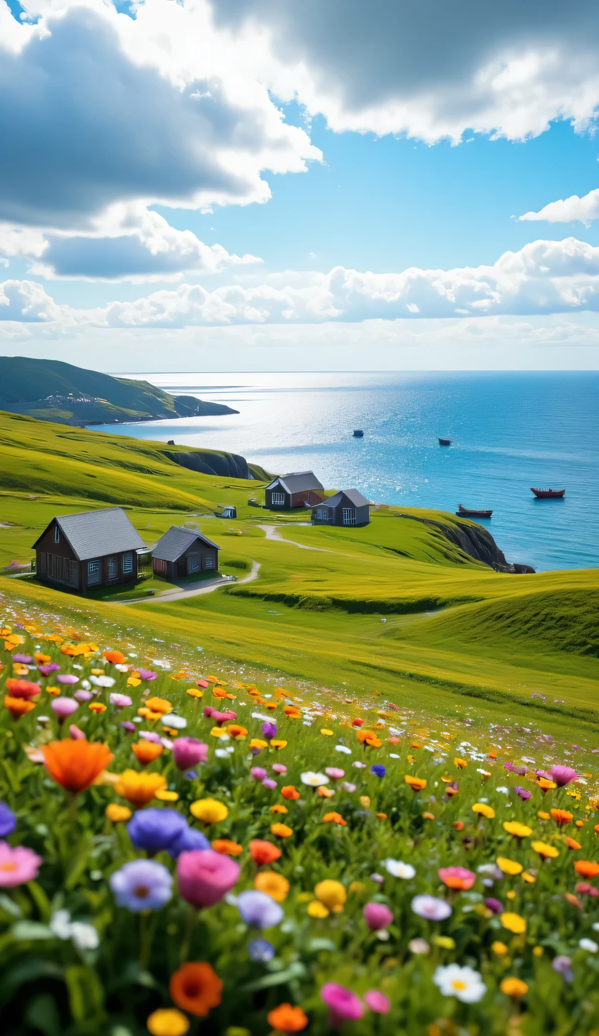 masterpiece、最high quality、high quality、Detailed CG Unity 8k Wallpaper、 Scenery、Looking at the Prairie、窓の外の Scenery、色とりどりのflower、The Ocean on the Other Side of the Prairie、nature、Scandinavian houses facing the sea、There are fishing boats、Blue Sky That Seems to Pass Through、depth of field、high resolution、flower、 Color Difference、Photorealism、very detailed、ArtStation、CG social trends、complicated、High detail、Dramatic、
