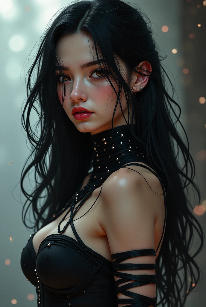 Introducing Maxine, a breathtakingly beautiful woman with long, luscious waves of wavy black hair that flowed down her shoulders in a cascade of dark silken strands. Her alluring medium-sized breasts were accentuated by the revealing yet edgy cyberpunk-style micro bikini she wore, the ultra-thin lace fabric barely concealing her bare skin. Her captivating green eyes, as bright and vibrant as emeralds, shone with an intelligence and intrigue that drew in those around her. Her full, luscious lips were coated in a bold shade of pink lipstick, adding a pop of color to her otherwise monochromatic att