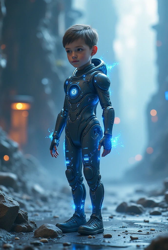 Boy 2 with suit like like bulletproof sci fi with yellow glows