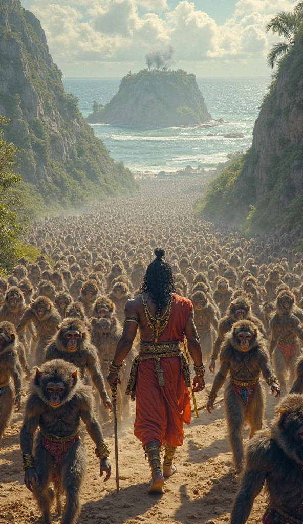 a backdrop depicting a battlefield with Hanuman army of vaanara, ready for war. The image could show them standing strong and fearless, creating a sense of strength and determination. It would be quite an impactful wearing saffron cloth.
