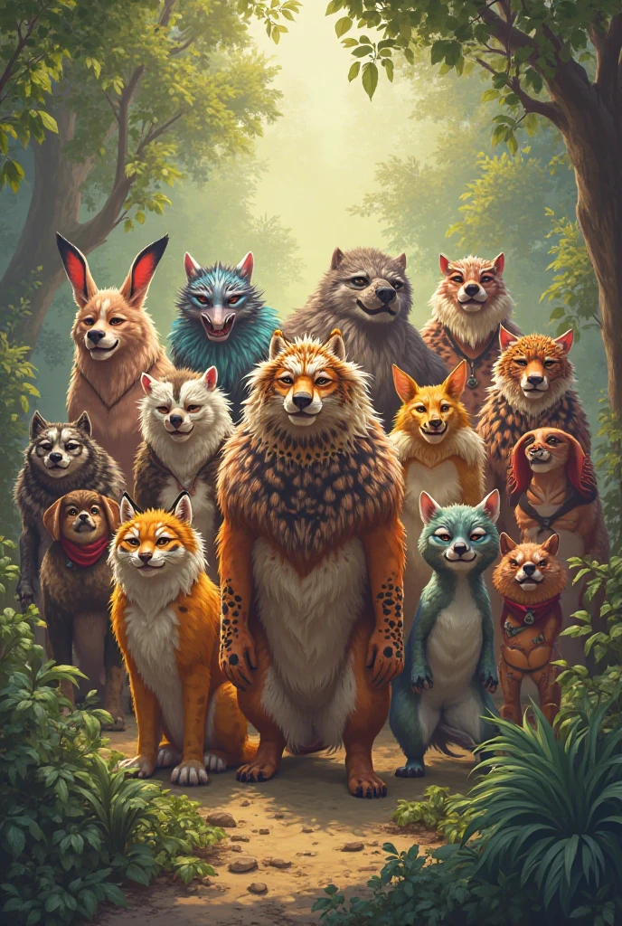 Top quality, ultra-fine illustrations, picture book cover, four-headed body (ociation, colorful stained glass with shimmering light, rice shower) (very detailed beautiful face and eyes) absurd perfect anatomy ((((beastman))) (dog groom in tuxedo, cat bride in wedding dress, fox in pastor's clothes, wedding photo, bouquet of beautiful flowers) (furry antro: 1.7) (( (furry body, animal facial features, animal body features))) (((muzzle of the animal, very detailed fur)))) full body, smile (dynamic pose),