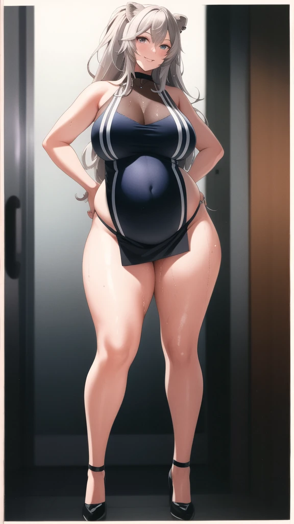 (Full body, glasses), An image of a pregnant girl woth her belly on full display. She has a very voluptuous body, she has a smug face, she is very sweaty and steamy, she has cum on her belly