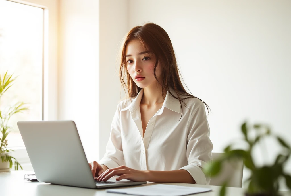 A beautiful girl sitting on a table and typing a keyboard 