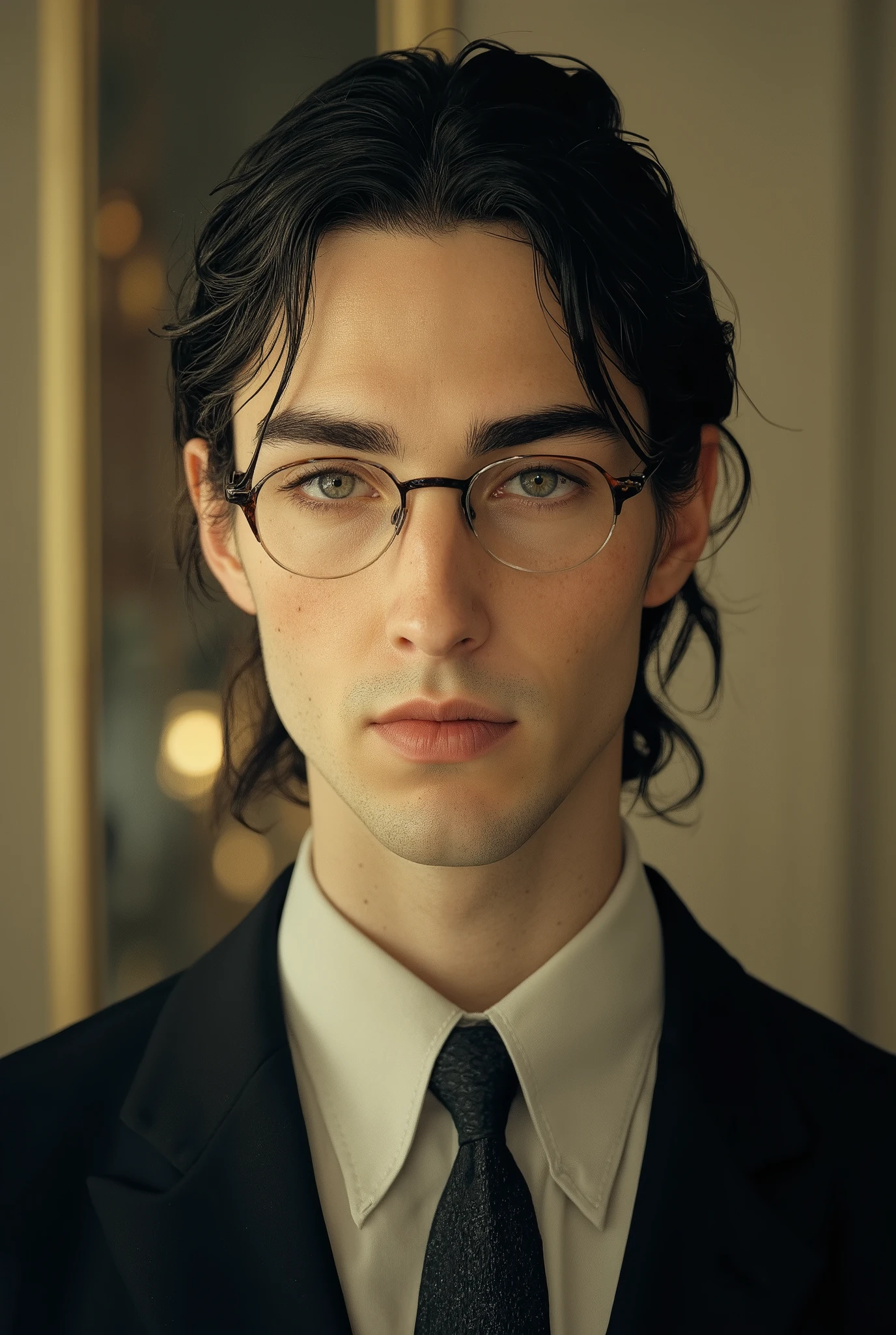 A tall, fit, 32-year-old man with narrow glasses with thin dark frames, long black hair pulled back in a low ponytail and gray eyes, dressed in a black business suit with a tie and a white shirt, aristocratic features and high intelligence.