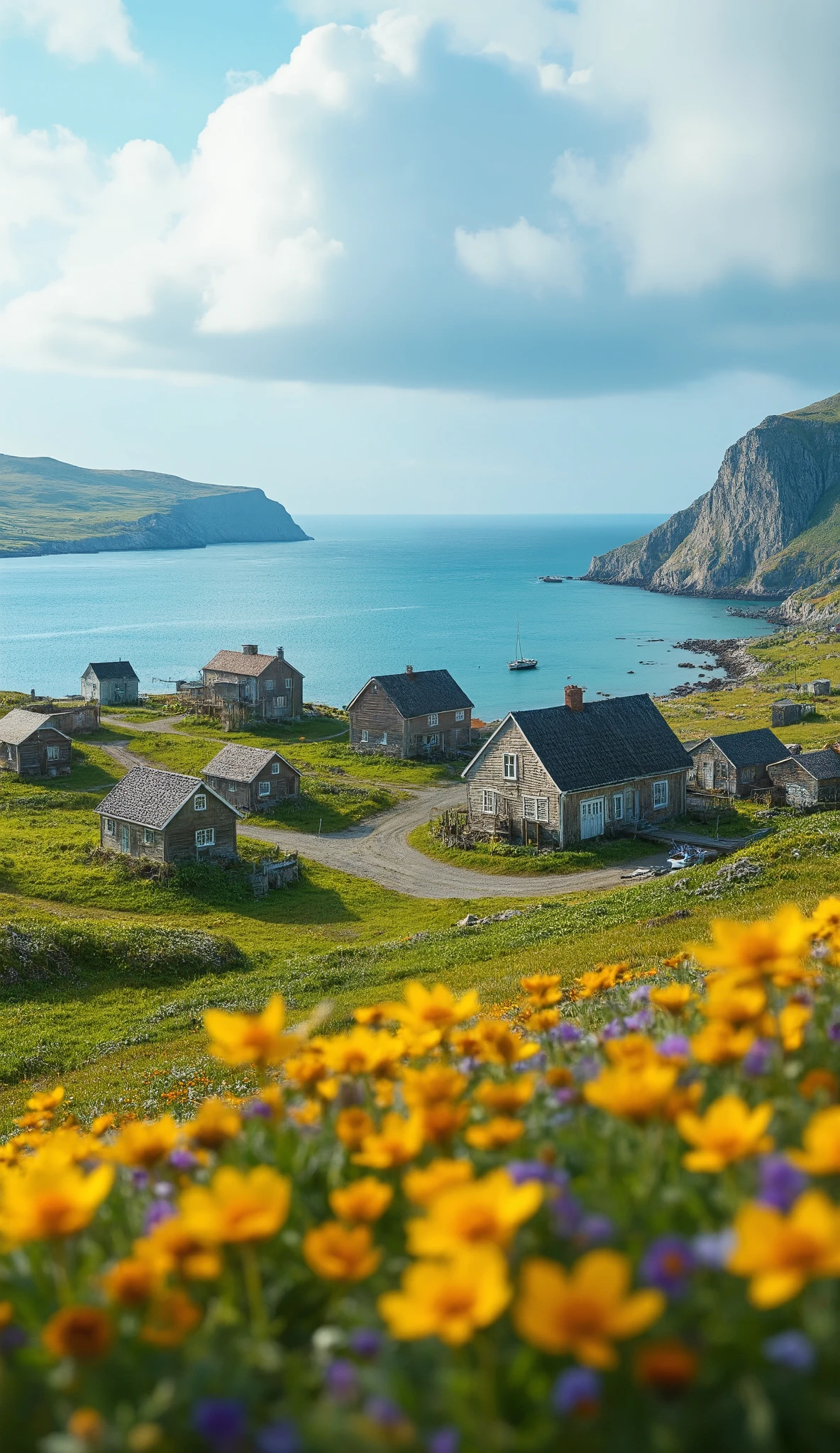 masterpiece、最high quality、high quality、Detailed CG Unity 8k Wallpaper、 Scenery、looking at the prairie、窓の外の Scenery、色とりどりのflower、The Ocean on the Other Side of the Prairie、nature、A house in a Scandinavian fishing village facing the sea々、There is a fishing boat、Blue Sky That Seems to Pass Through、depth of field、high resolution、flower、Chromatic Aberration、Photorealism、very detailed、ArtStation、CG Social Trends、complicated、High detail、Dramatic、