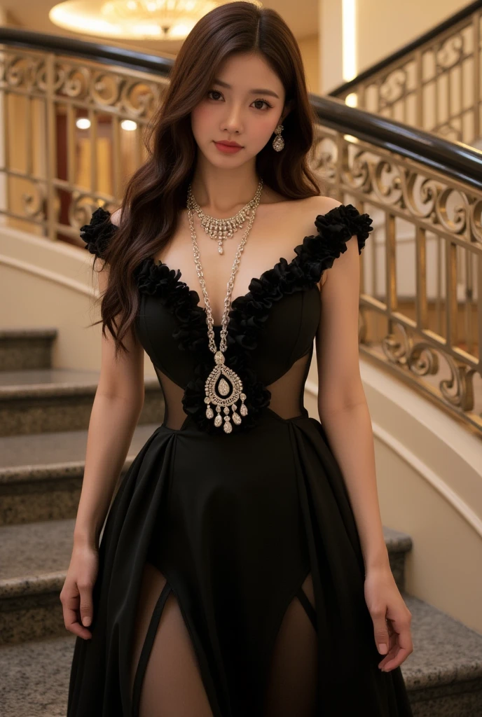 (Extreme HDR) (brightness FX) Photo of an asian woman gigantic Breast 'white skin' with long hair flowing in the wind, wearing a black batik patterned costume, a V-cut strapless corset style batik dress made of carbon patterned satin, a very narrow and stiff V-cut waist decorated with blue jewels, a luxurious long skirt, looks beautiful and stunning, very realistic and detailed, with a royal palace in the background, sitting on a swing, behind it is a black classic car. hyper realistic, hyper detail clothing, Detailed gemstones, masterpiece, best quality:1.2),,(8k,highres,RAW photo,realistic,photo-realistic:1.3),(detailed skin texture,detailed cloth texture, beautiful detailed face:1.25),professional lighting,photon mapping,beautiful soft light,radiosity,physically-based rendering,raytracing, model shoot style, model shoot style, (extremely detailed CG unity 8k wallpaper), full shot body photo of the most beautiful artwork in the world (NSFW), (Nude), (Naked), (carbon fiber corset) (big veiny breast) (steampunk corset) (glowing dress)