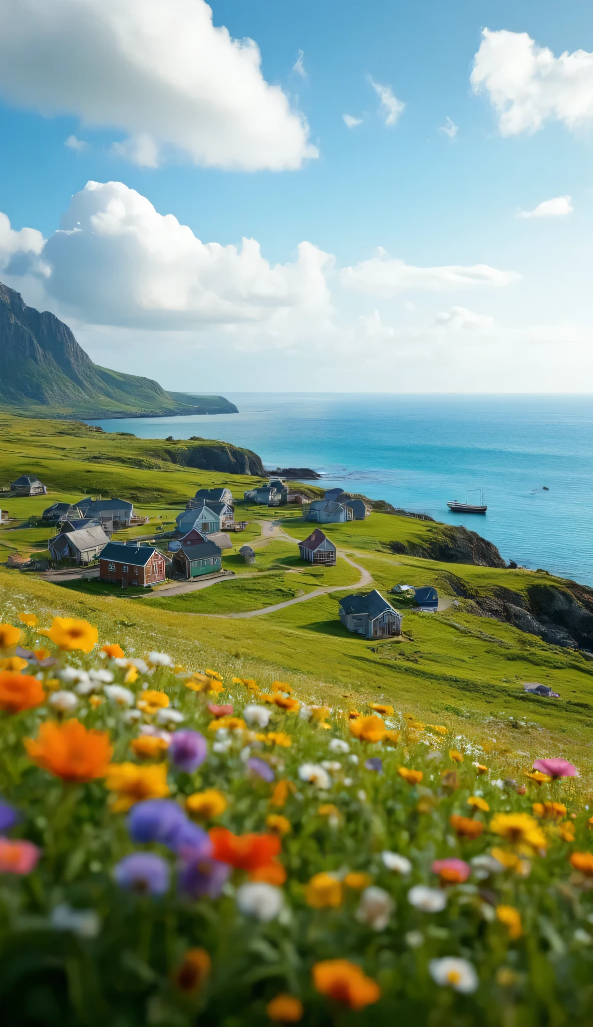 masterpiece、最high quality、high quality、Detailed CG Unity 8k Wallpaper、 Scenery、looking at the prairie、窓の外の Scenery、色とりどりのflower、The Ocean on the Other Side of the Prairie、nature、A house in a Scandinavian fishing village facing the sea々、There is a fishing boat、Blue Sky That Seems to Pass Through、depth of field、high resolution、flower、Chromatic Aberration、Photorealism、very detailed、ArtStation、CG Social Trends、complicated、High detail、Dramatic、