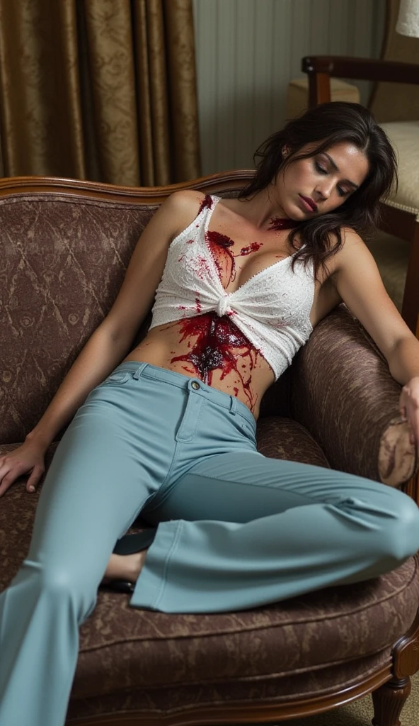 ((sexy 20s ukrainian girl)), black and dark blue tight skinny jeans, belt, nike white air force one sneakers, topless, (((full view))), full body view, lying on the morgue, dirty and wet skin, blood all over the body, scratches, bruise, sleeping, lifeless, eyes closed, mouth open, necklace, showing tits, nipples, wristwatch, bracelet, dead girl, showing armpit and belly button, street view, tortured, random lying pose