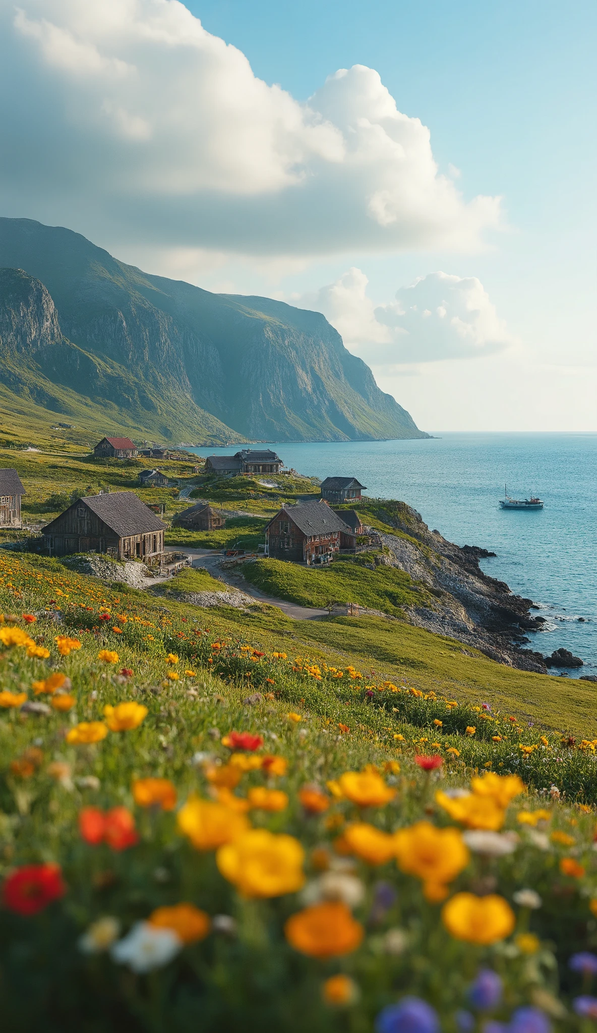 masterpiece、最high quality、high quality、Detailed CG Unity 8k Wallpaper、 Scenery、looking at the prairie、窓の外の Scenery、色とりどりのflower、The Ocean on the Other Side of the Prairie、nature、A house in a Scandinavian fishing village facing the sea々、There is a fishing boat、Blue Sky That Seems to Pass Through、depth of field、high resolution、flower、Chromatic Aberration、Photorealism、very detailed、ArtStation、CG Social Trends、complicated、High detail、Dramatic、