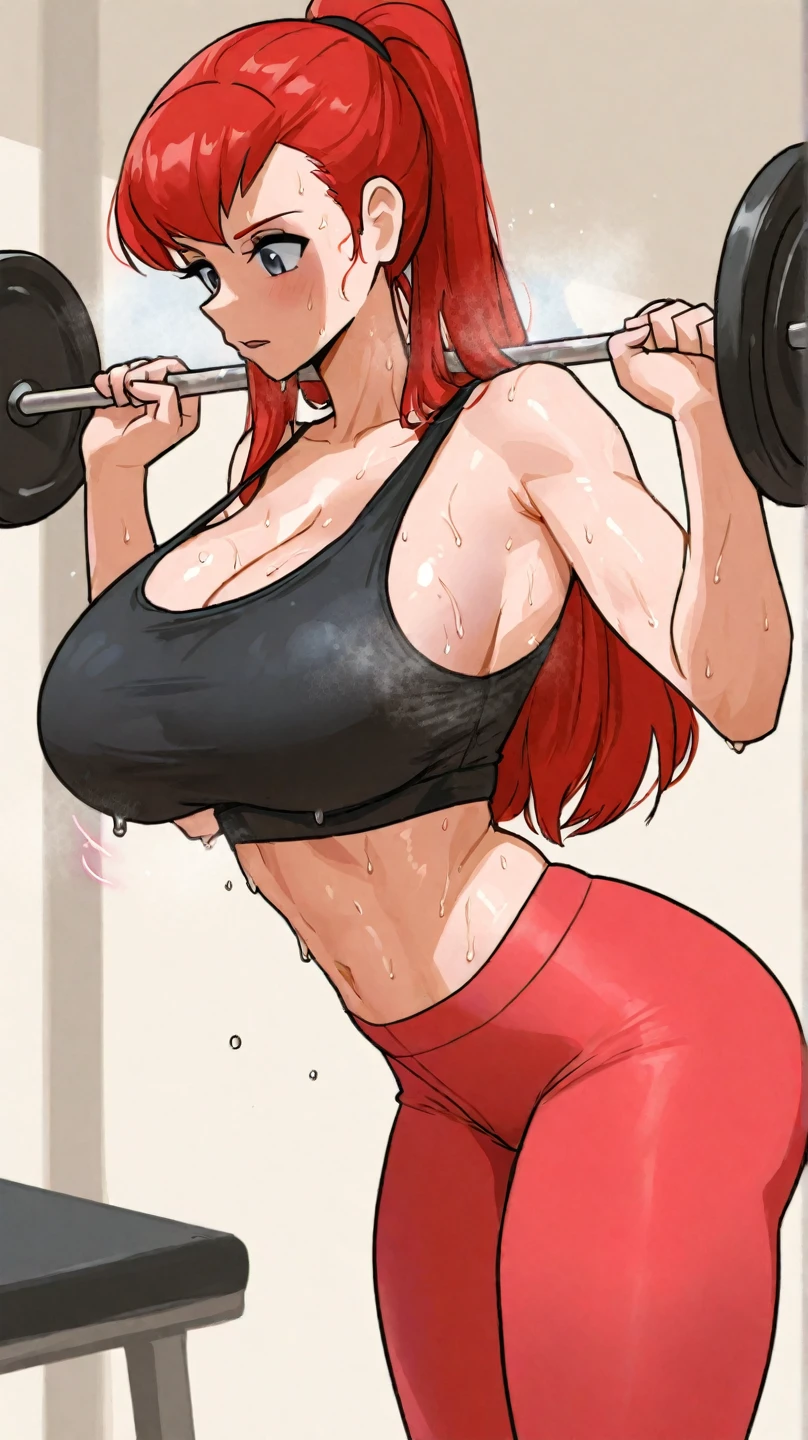 Code geass, Kallen kozuki, 1girl, (((bimbo))), blue eyes, puffy lips, painted lips, thick lips, wide hips, thick thighs, big breast, huge ass, revealing cleavage, erotic, Smile face, bubble butt, cameltoe, hanging breasts, in the gym, lifting weights, pink yoga pants, pink top, huge breasts, sweat, holding breasts, cum inside, xray, xray of uterus, holding cum inside stomach, white liquid inside groin, groin focus