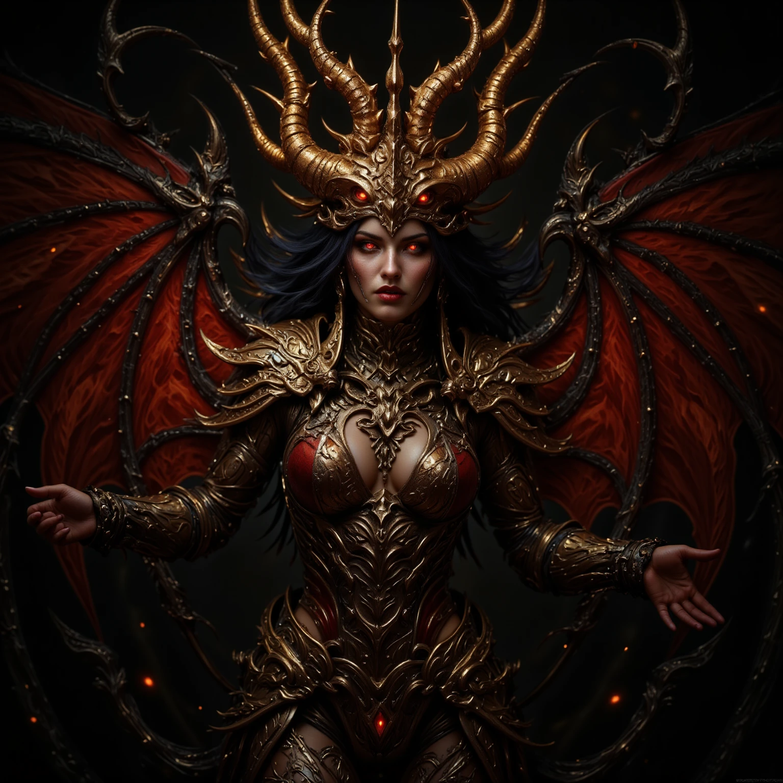 Lilith FLYING ALONE, INSIDE THE GARDENS OF EDEN, fire, lightning, blood, whole body, in the style of Diablo 4,