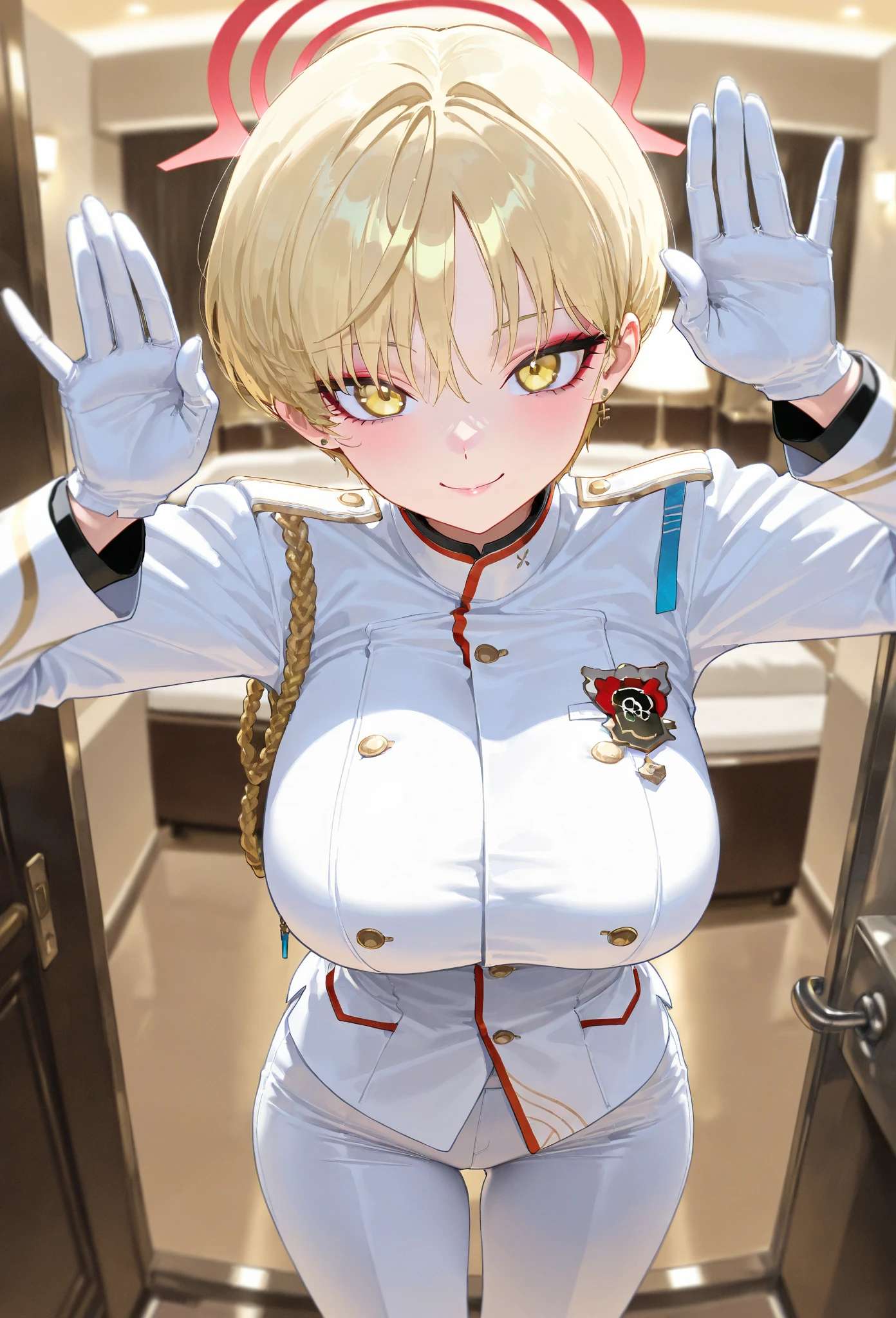 {{best quality}}, masterpiece, highres, solo, {marina_bluearchive:1.15}, short_hair, blonde_hair, yellow_eyes, bangs, halo, blush, breasts, large_breasts, 1girl, jacket, military, military_uniform, uniform, gloves, long_sleeveackground, white_background, white_gloves, white_jacket, looking_at_viewer, makeup, upper_body, eyeshadow, naughty face, rimjob, 1boy, penis, licking penis