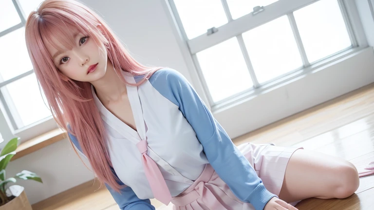 Blonde girl posing on floor with pink hair and blue tie, shikamimi, Shot on Canon EOS R 6, the anime girl is crouching, Anime girl cosplay, taken with canon 5d mk4, taken with canon eos 5 d, ulzzangs, Ayaka cosplay, pink twintail hair and cyan eyes, cosplay foto